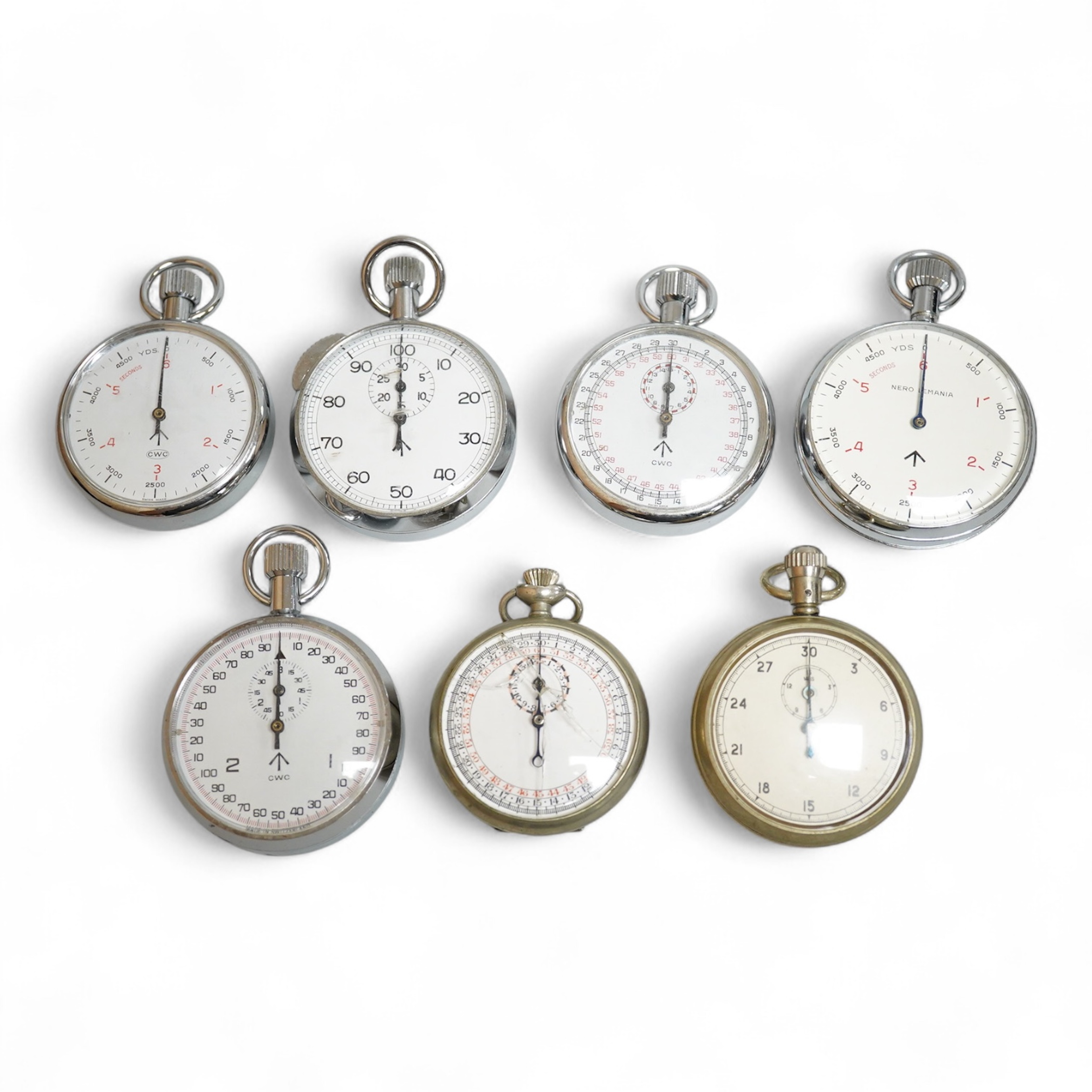 Seven assorted mainly late 20th century base metal cased military stopwatches, including three CWC and a Nero Lemania.